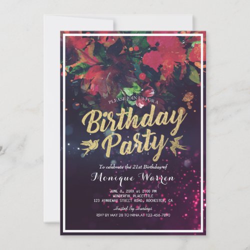 Birthday Party Red Floral Gold Script Purple Light Invitation