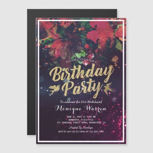 Birthday Party Red Floral Gold Script Purple Light Magnetic Invitation