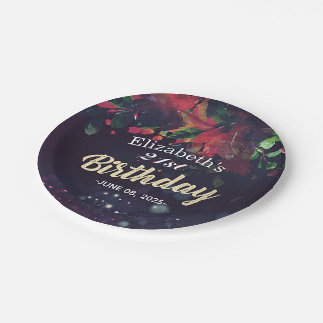 Birthday Party Red Floral Gold Script Purple Light Paper Plates (Angled)