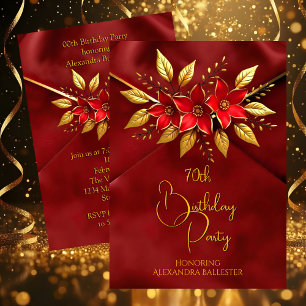 Birthday Party Red Flowers Faux Crush Velvet Gold Invitation