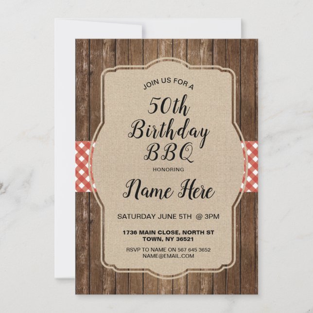 Birthday Party Red Gingham Burlap BBQ Invite (Front)