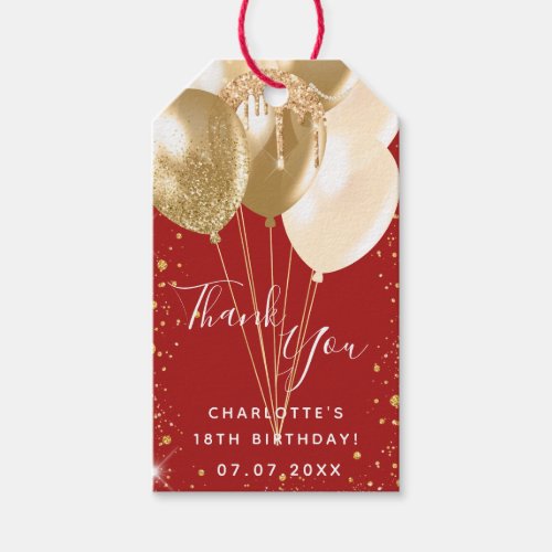 Birthday party red gold balloons thank you  gift tags