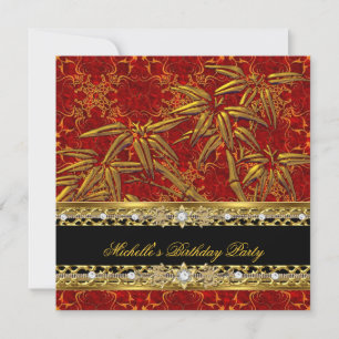 Birthday Party Red Gold Bamboo Damask Image Invitation