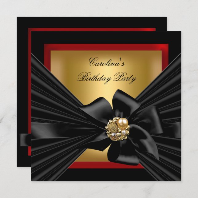 Birthday Party Red Gold Black Bow Invitation (Front/Back)