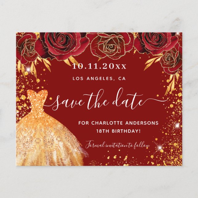 Birthday party red gold dress budget save the date flyer (Front)