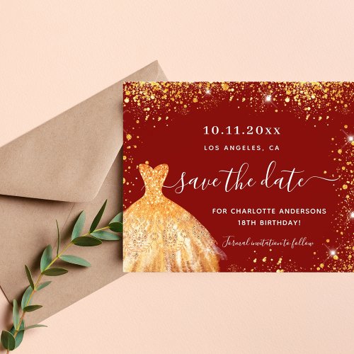 Birthday party red gold dress budget save the date flyer