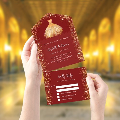 Birthday party red gold dress glitter RSVP All In One Invitation