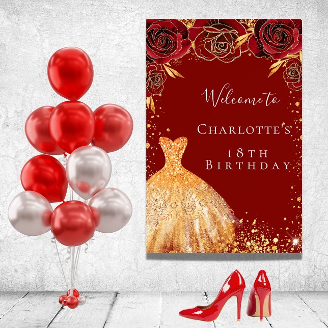 Birthday party red gold floral dress welcome foam board (Creator Uploaded)