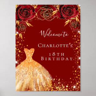 Birthday party red gold floral dress welcome poster