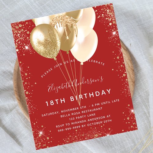Birthday party red gold glitter balloons budget flyer