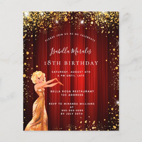 Birthday party red gold glitter dress movie budget flyer