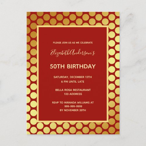 Birthday party red gold invitation postcard