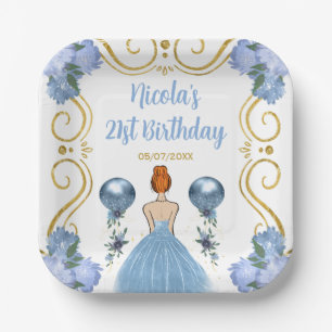 Birthday Party Red Hair Princess in Dusty Blue Paper Plates