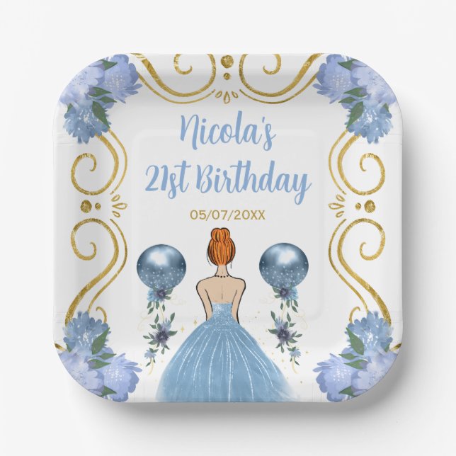Birthday Party Red Hair Princess in Dusty Blue Paper Plates (Front)