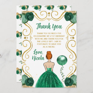 Birthday Party Red Hair Princess in Green Thank You Card