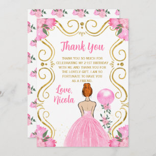 Birthday Party Red Hair Princess in Pink Thank You Card