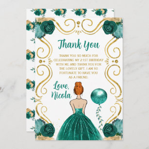 Birthday Party Red Hair Princess in Teal Thank You Card