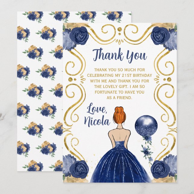 Birthday Party Red Hair Princess Navy  Thank You Card (Front/Back)