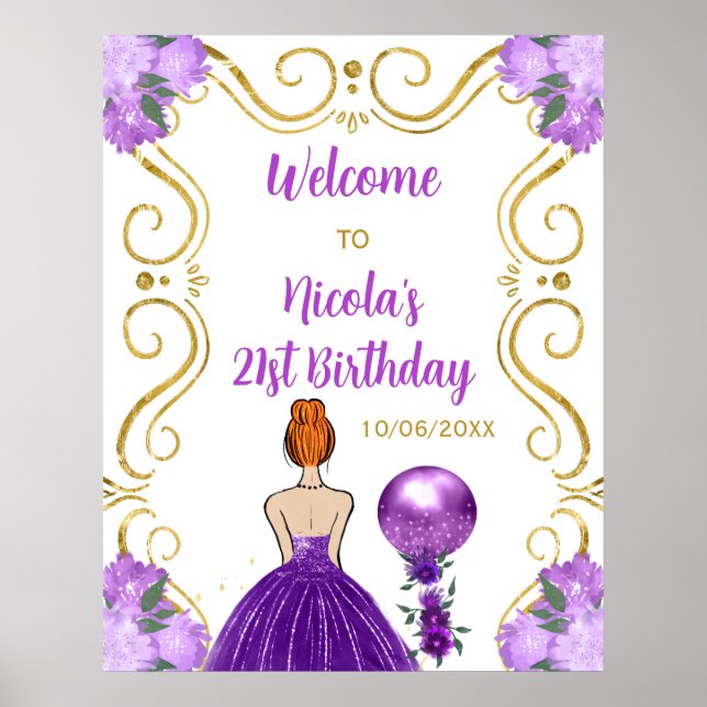 Birthday Party Red Hair Princess Purple Welcome Poster (Front)