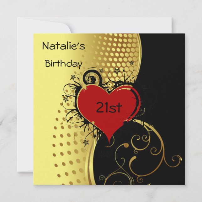 Birthday Party Red Heart Gold and Black Invitation (Front)