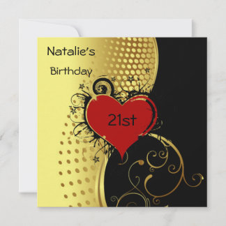 Birthday Party Red Heart Gold and Black Invitation