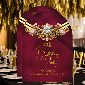 Birthday Party Red Plum Faux Velvet Gold Diamonds Invitation