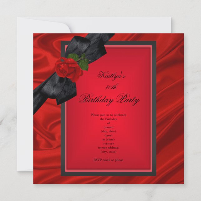 Birthday Party Red Rose Black Bow Invitation (Front)