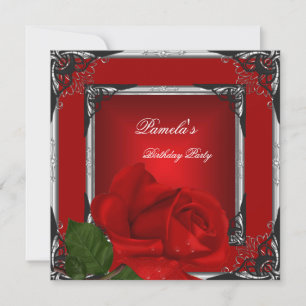 Birthday Party Red Rose Silver Black Invitation