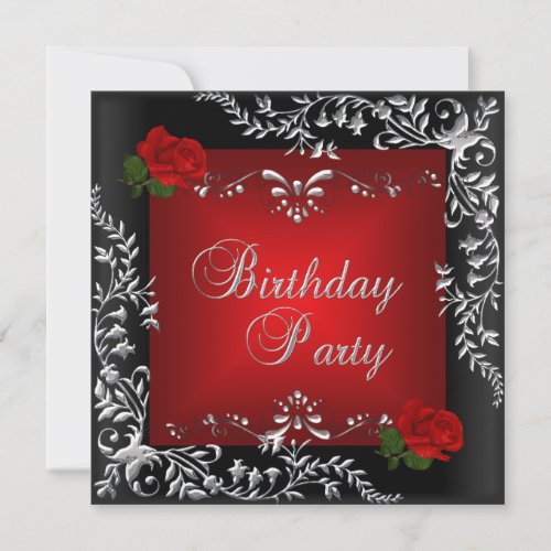 Birthday Party Red Rose Silver Floral Black Personalized Announcements