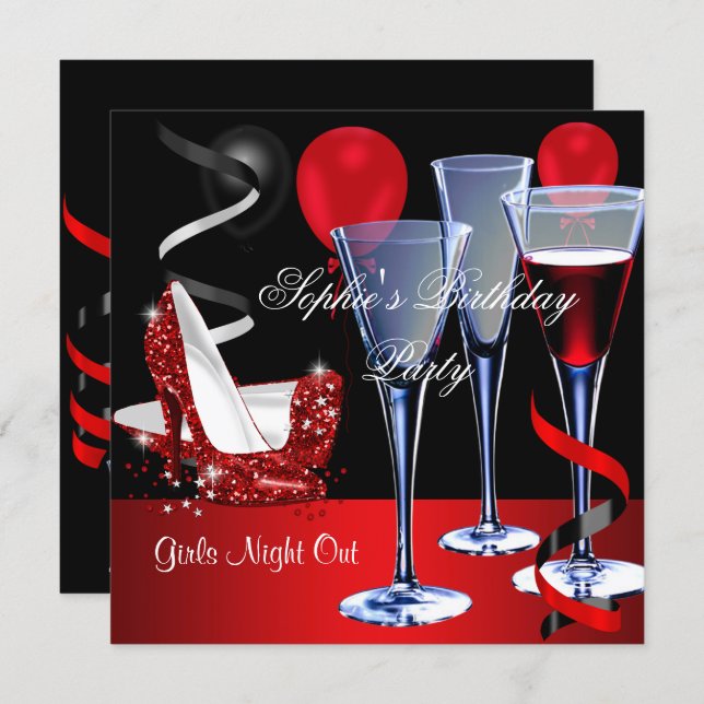 Birthday Party Red Shoe Hi Heels Wine glass Invitation (Front/Back)