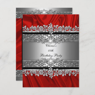 Birthday Party Red Silk Silver Black Diamond Invitation