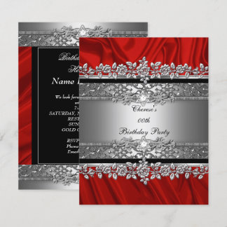 Birthday Party Red Silk Silver Black Diamond Invitation