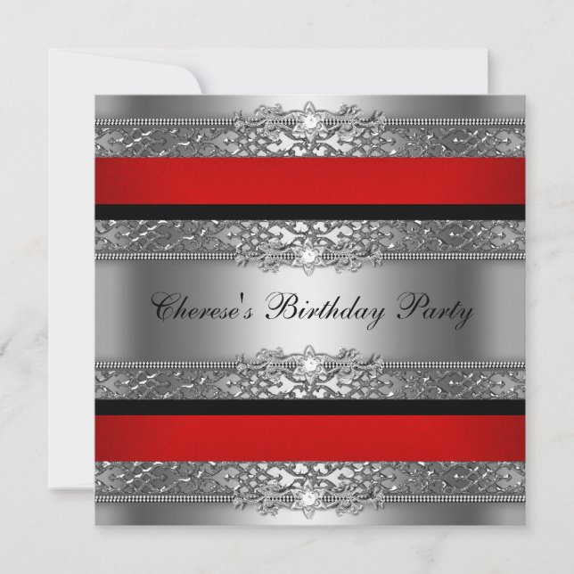 Birthday Party Red Silver Black Diamond Invitation (Front)