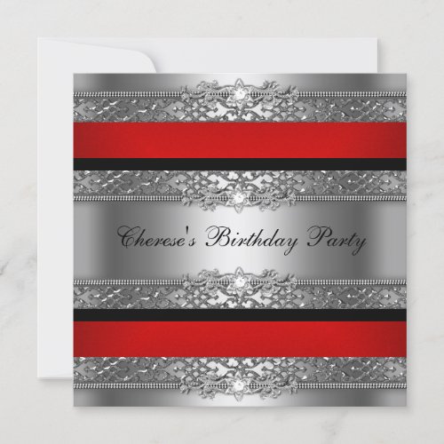 Birthday Party Red Silver Black Diamond Custom Announcement