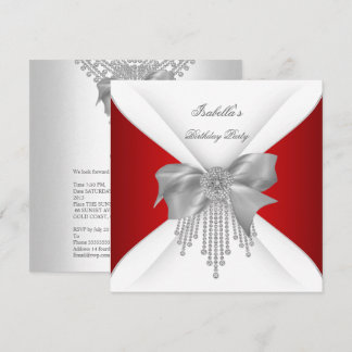Birthday Party Red Silver White Diamond Bow Invitation