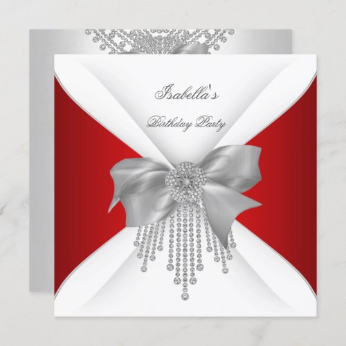 Birthday Party Red Silver White Diamond Bow Invitation