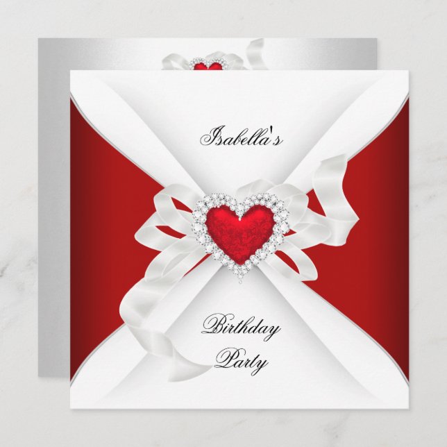 Birthday Party Red Silver White Diamond Heart Invitation (Front/Back)
