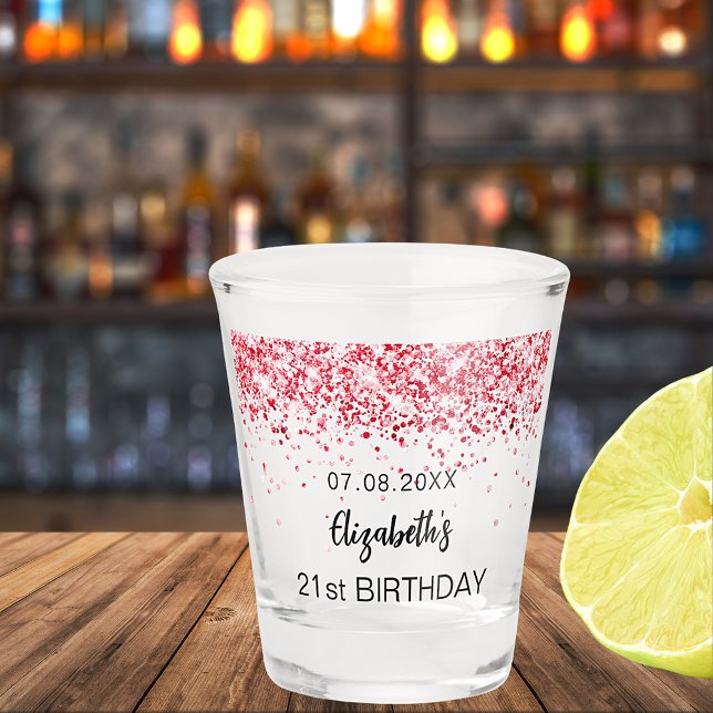 Birthday party red sparkles name shot glass (Creator Uploaded)