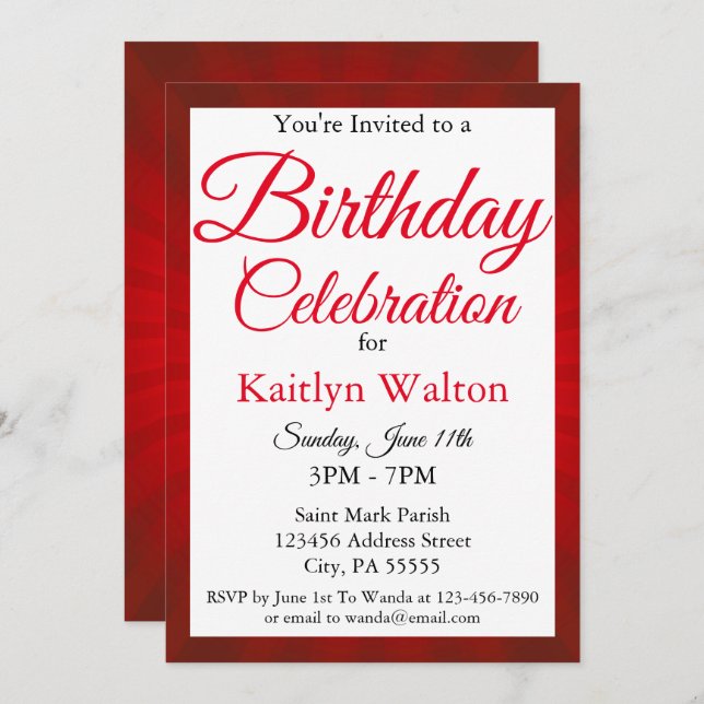 Birthday Party Red Sunburst Script Invitation (Front/Back)