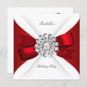 Birthday Party Red White Diamond Red Bow Invitation