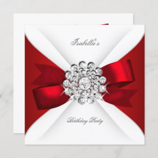 Birthday Party Red White Diamond Red Bow Invitation