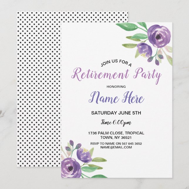 Birthday Party Retirement Flower Invite Purple (Front/Back)