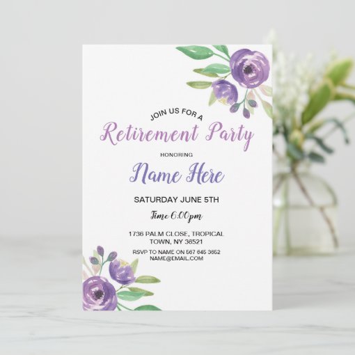 Birthday Party Retirement Flower Invite Purple | Zazzle