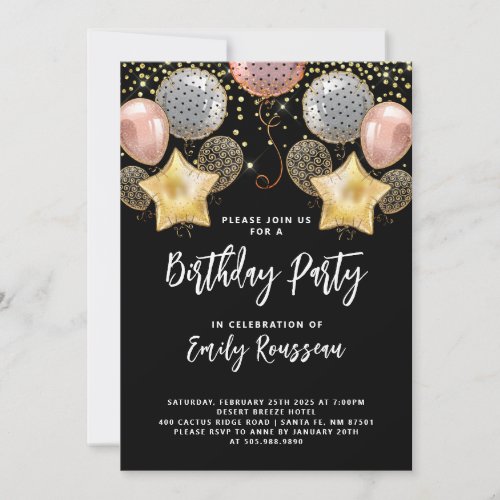Birthday Party Rose And Gold Balloons Confetti Invitation
