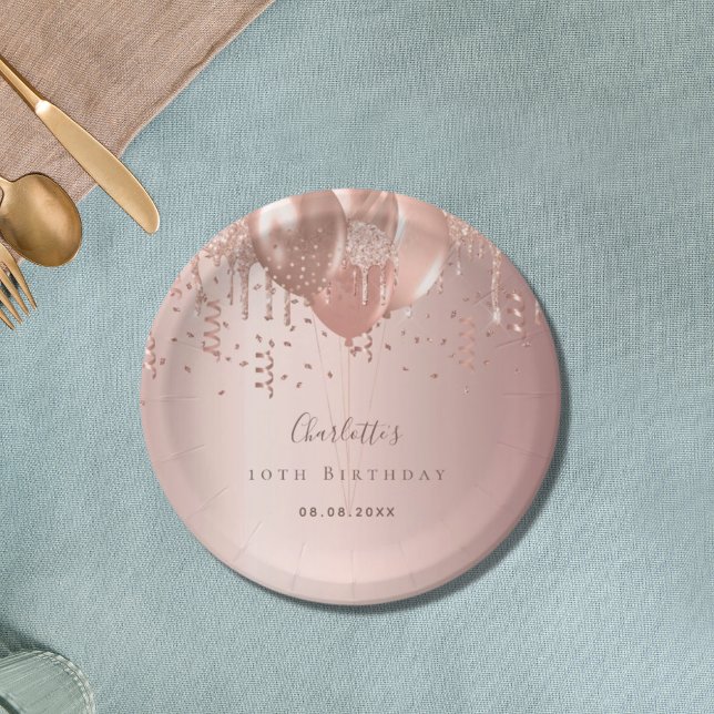 Birthday party rose gold balloons name paper plates (Creator Uploaded)