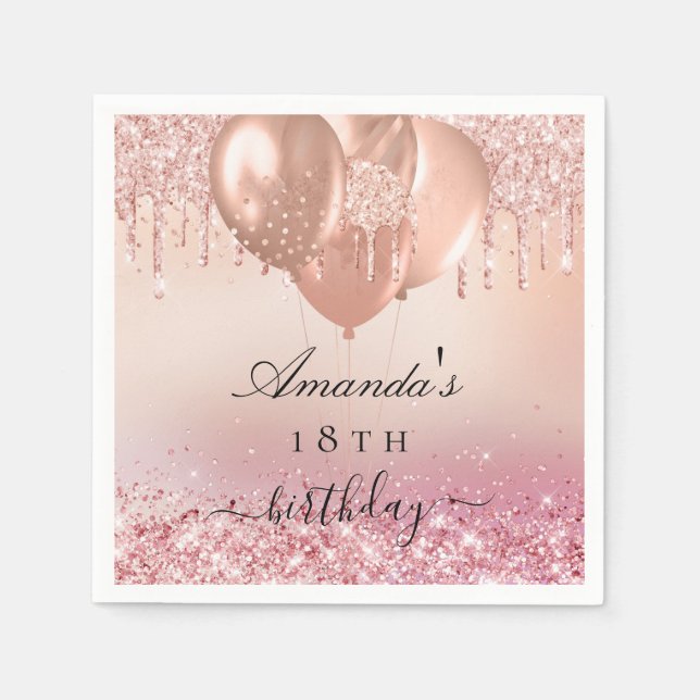 Birthday party rose gold blush balloons name napkins (Front)