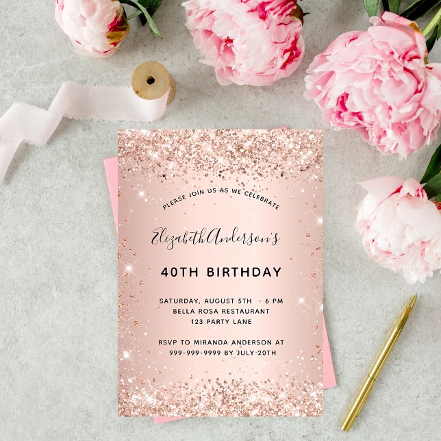 Birthday party rose gold blush glitter confetti invitation