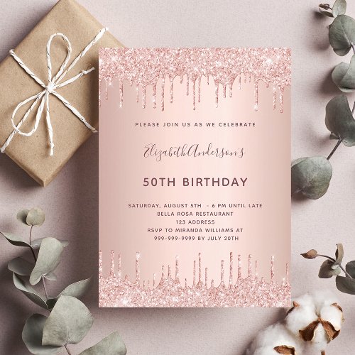 Birthday party rose gold blush glitter drips invitation