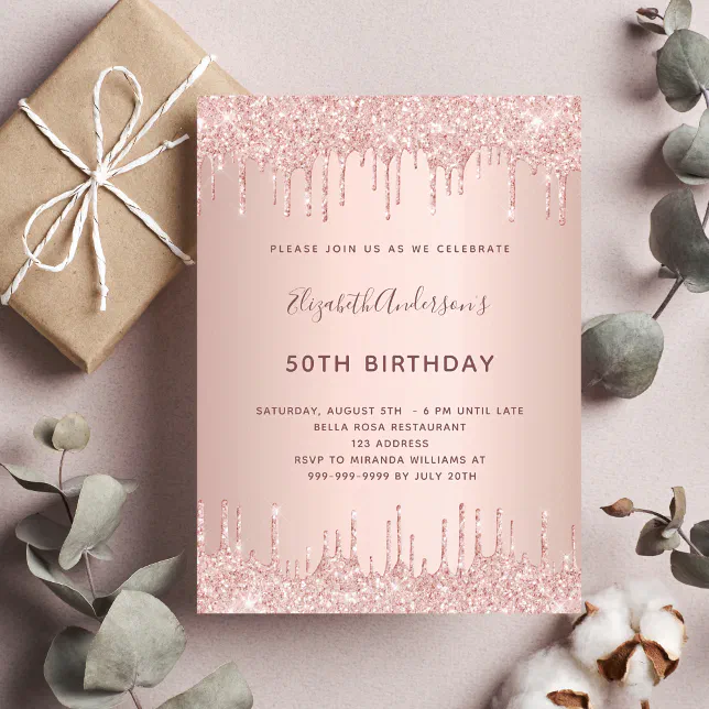 Birthday Party Rose Gold Blush Glitter Drips Invitation Postcard Zazzle