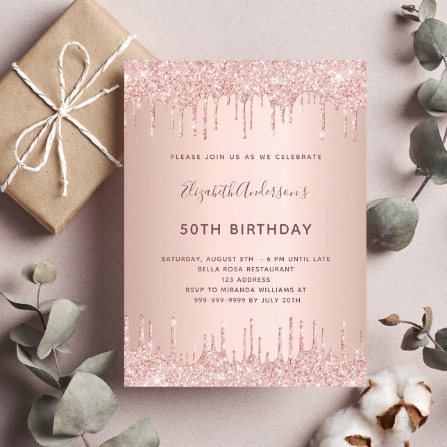 Birthday party rose gold blush glitter drips invitation postcard